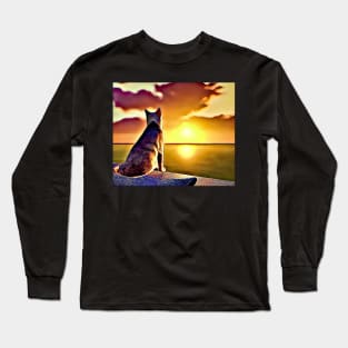 Cat Looking At Sunset - Cute Cat Lover Gift Long Sleeve T-Shirt